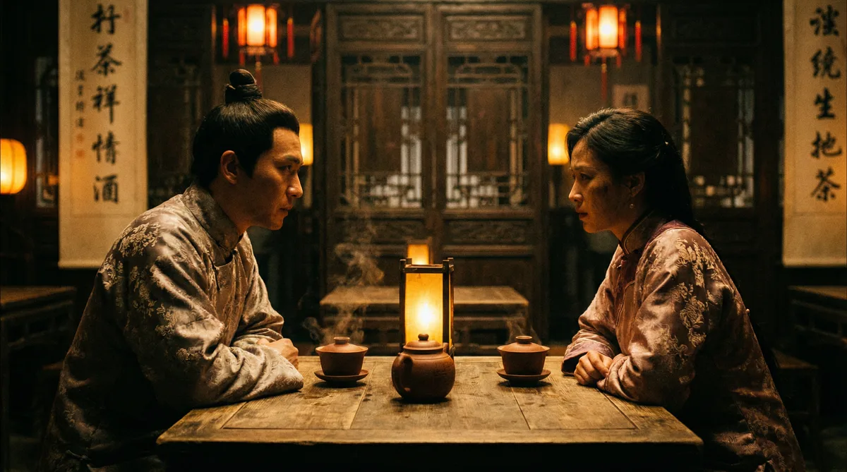 成人视频古装剧情片拍摄剧照-茶馆对话场景