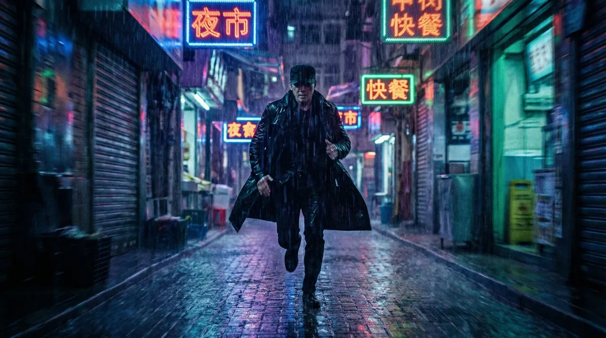 成人视频都市动作片拍摄剧照-雨夜追逐场景